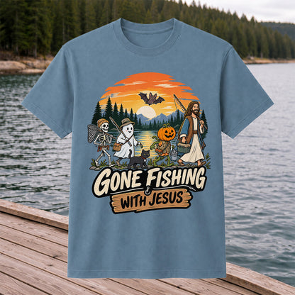 Gone Fishing with Jesus Skeleton Ghost and Pumpkin Halloween Fishing T-Shirt