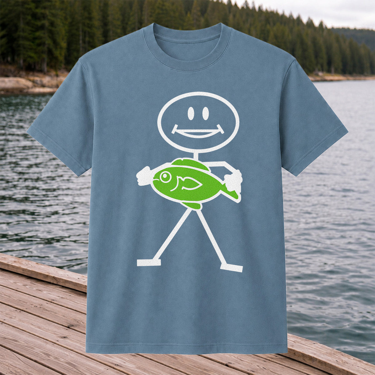 Happy Stick Figure Holding a Green Fish Graphic T-Shirt