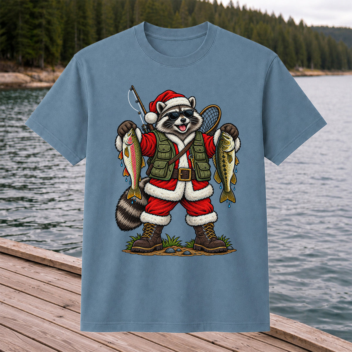 Santa Raccoon Holding Trout and Bass Christmas Fishing T-Shirt