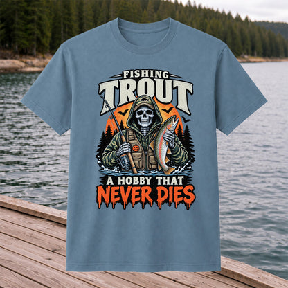 Fishing Trout A Hobby That Never Dies Skeleton Halloween T-Shirt