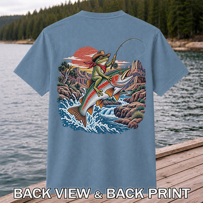 Cowboy Frog Riding a Rainbow Trout Canyon Fishing Graphic T-Shirt | Back Print