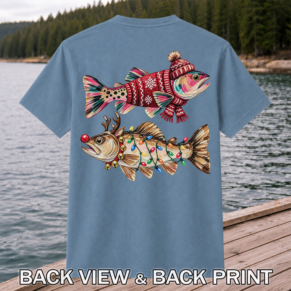 Festive Christmas Fish with Lights Fishing Graphic T-Shirt | Back Print