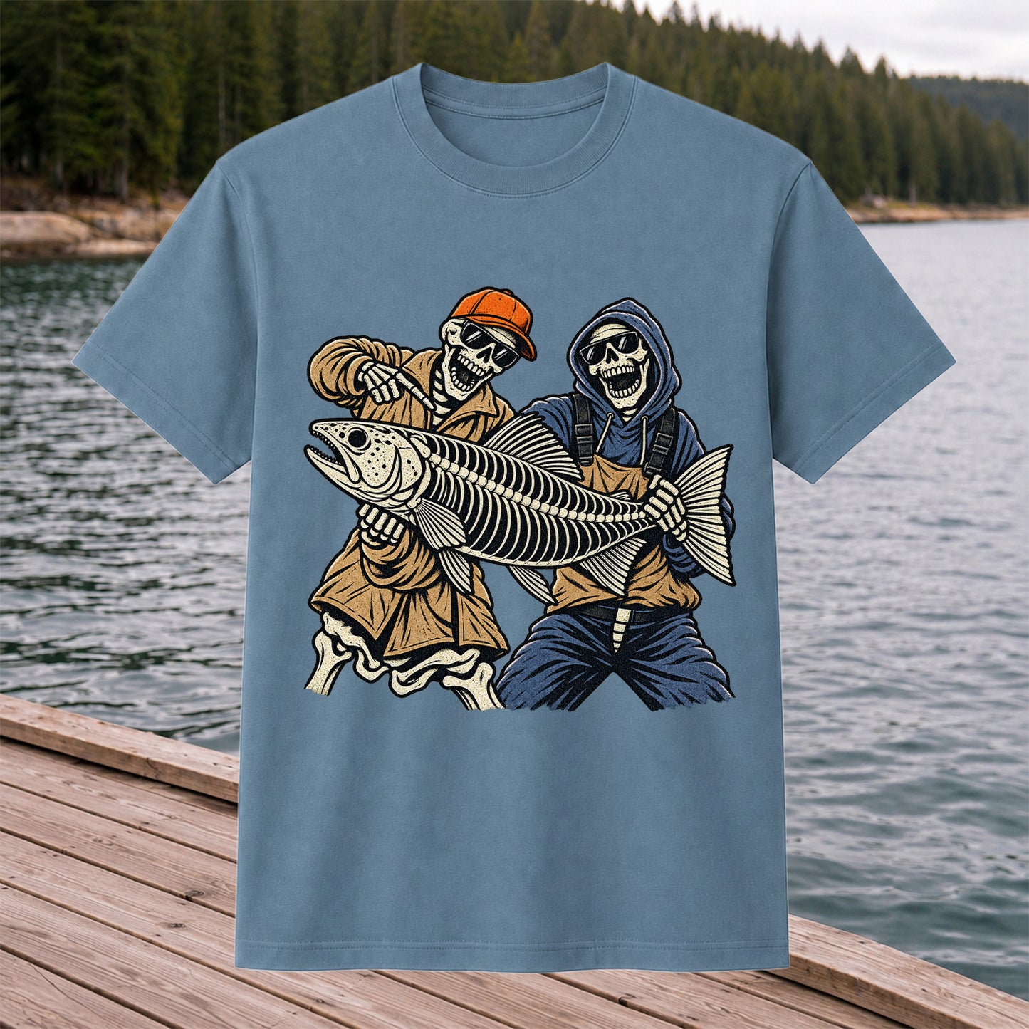 Skeleton Anglers Holding a Giant Fish Graphic T-Shirt