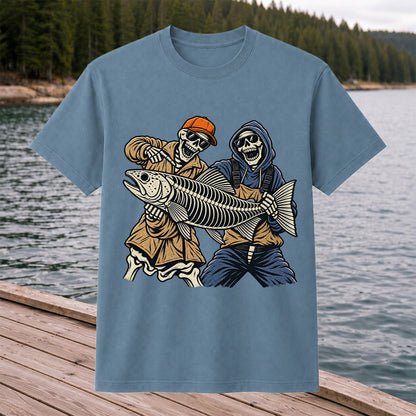 Skeleton Anglers Holding a Giant Fish Graphic T-Shirt