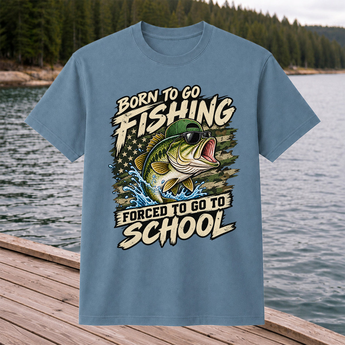 Born to Go Fishing Forced to Go to School Bass Graphic T-Shirt
