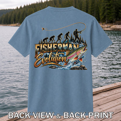 Fisherman Evolution Rainbow Trout Fly Fishing Graphic T-Shirt | Back Print