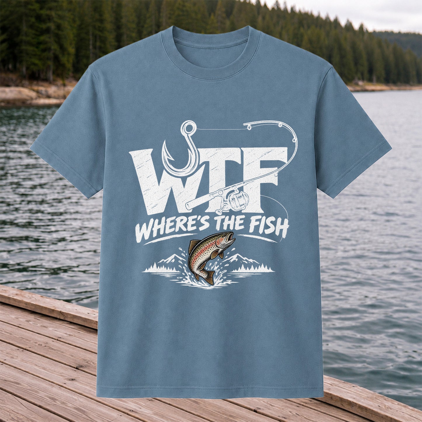 WTF Where's the Fish Rainbow Trout Fishing Graphic T-Shirt