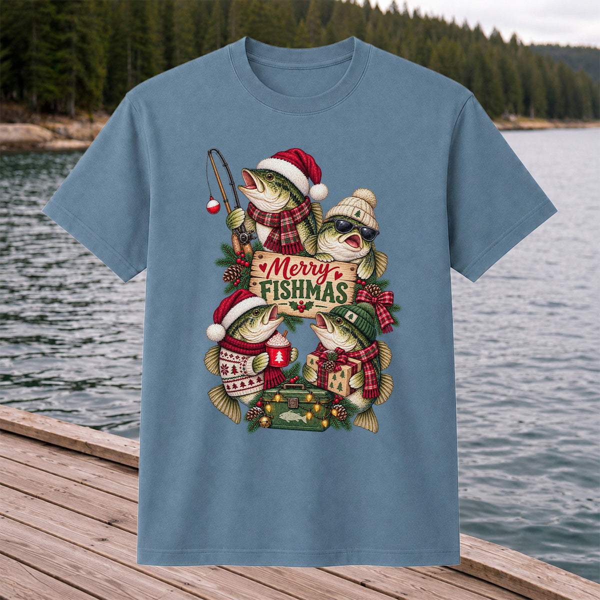Merry Fishmas Bass Christmas Fishing Graphic T-Shirt