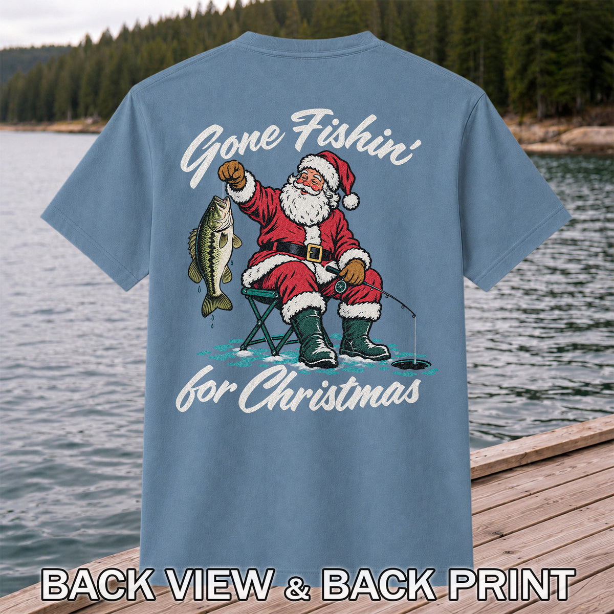 Santa Fishing with Bass Christmas Graphic T-Shirt | Back Print