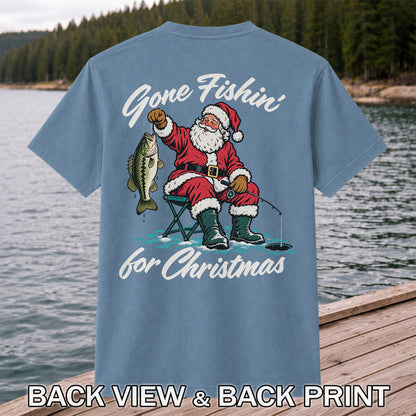 Santa Fishing with Bass Christmas Graphic T-Shirt | Back Print