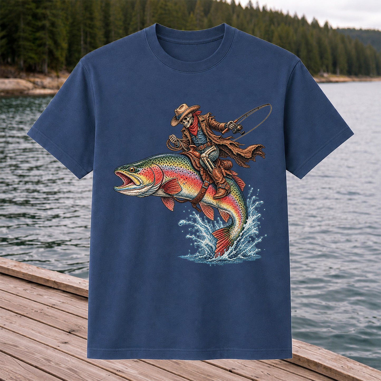 Skeleton Cowboy Riding a Rainbow Trout Fishing Graphic T-Shirt