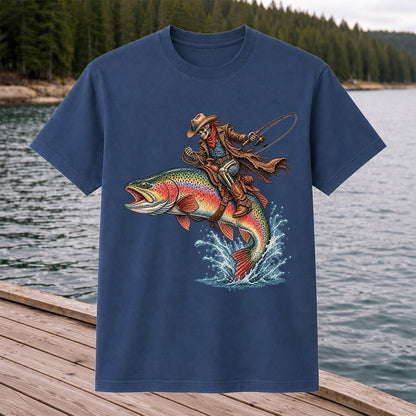 Skeleton Cowboy Riding a Rainbow Trout Fishing Graphic T-Shirt
