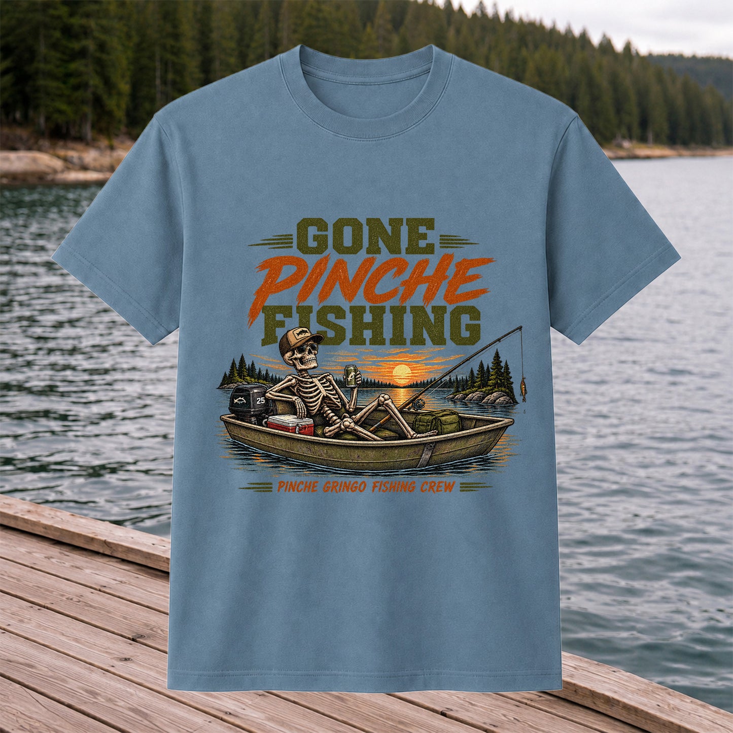Gone Pinche Fishing Crew Skeleton in a Fishing Boat Graphic T-Shirt