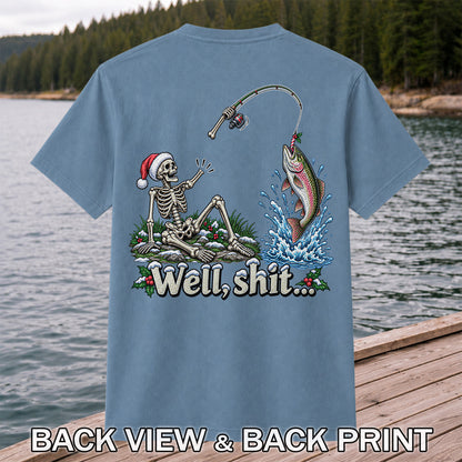 Well, Shit... Skeleton and Leaping Rainbow Trout Christmas Fishing T-Shirt | Back Print