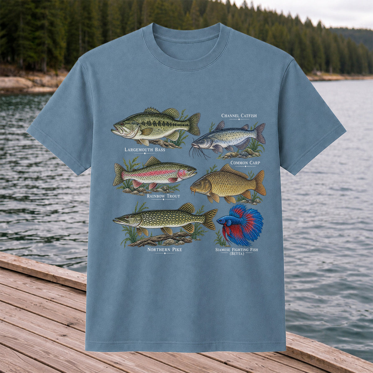 Bass Trout Catfish Carp Pike and Betta Freshwater Fish Graphic T-Shirt