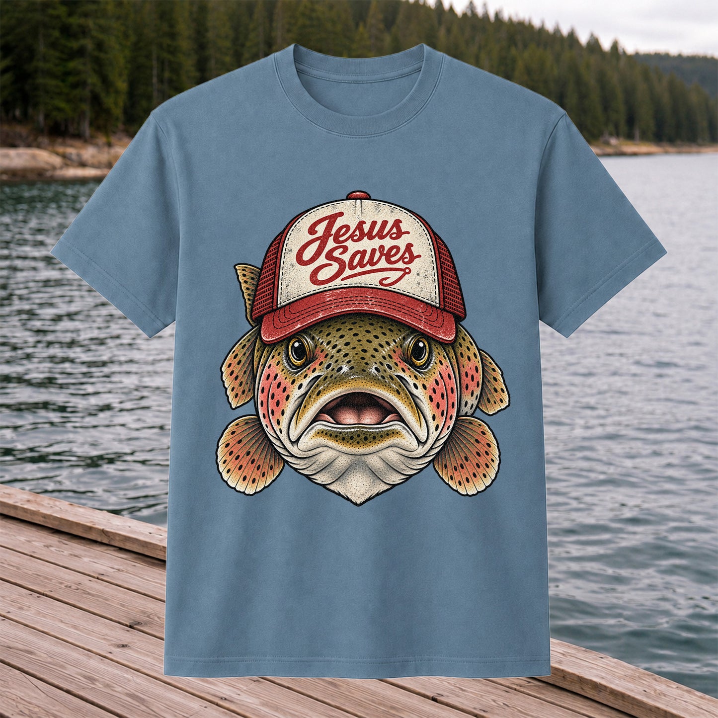 Jesus Saves Rainbow Trout in a Trucker Hat Fishing T-Shirt