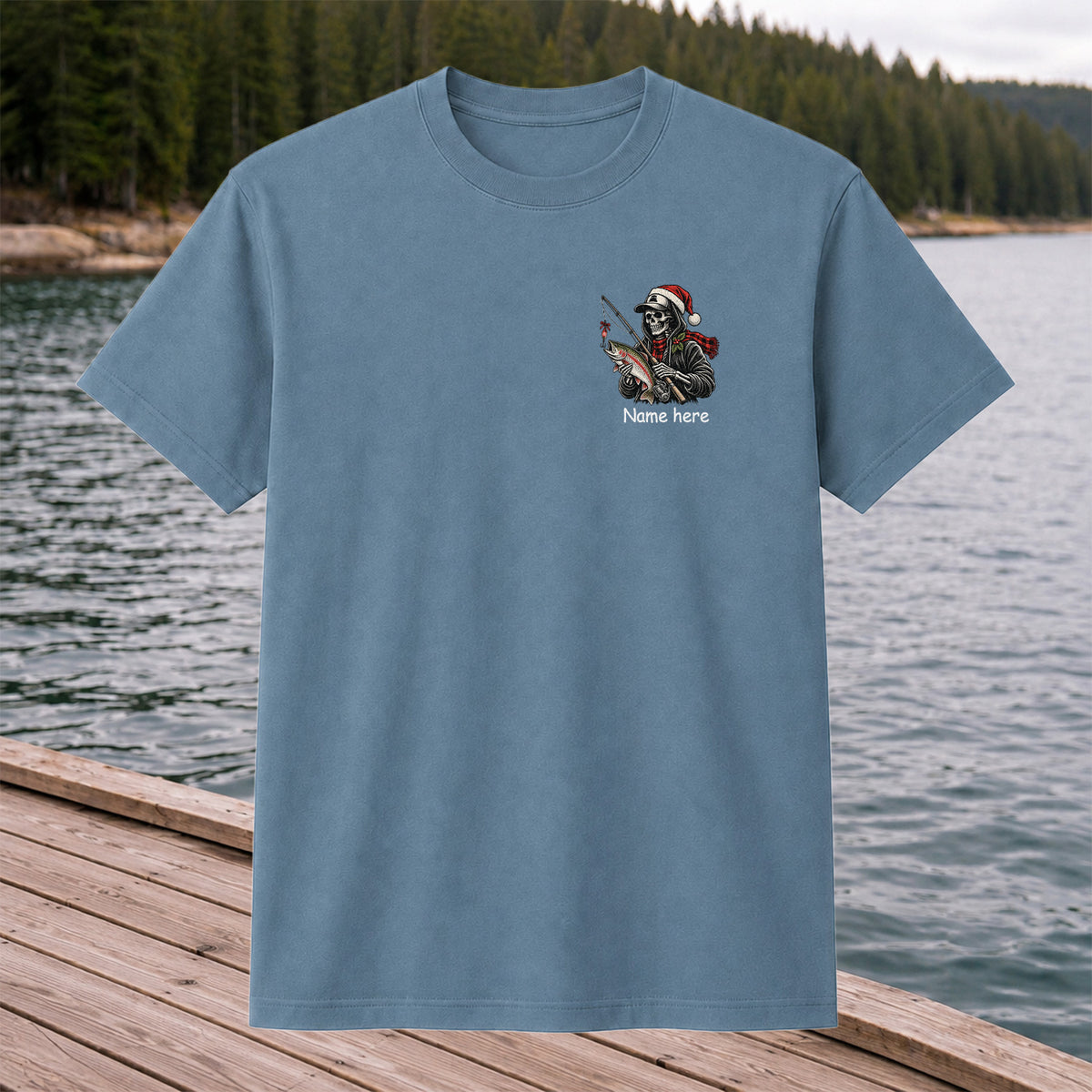 Name Here Personalized Christmas Skeleton Trout Fishing T-Shirt