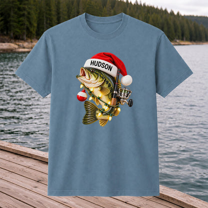 Hudson Santa Hat Bass Christmas Fishing Graphic T-Shirt