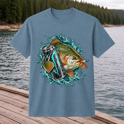 Rainbow Trout with Cigarette and Energy Drink Fishing T-Shirt