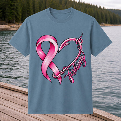 Pink Ribbon Heart Fish Hook Fishing Graphic T-Shirt