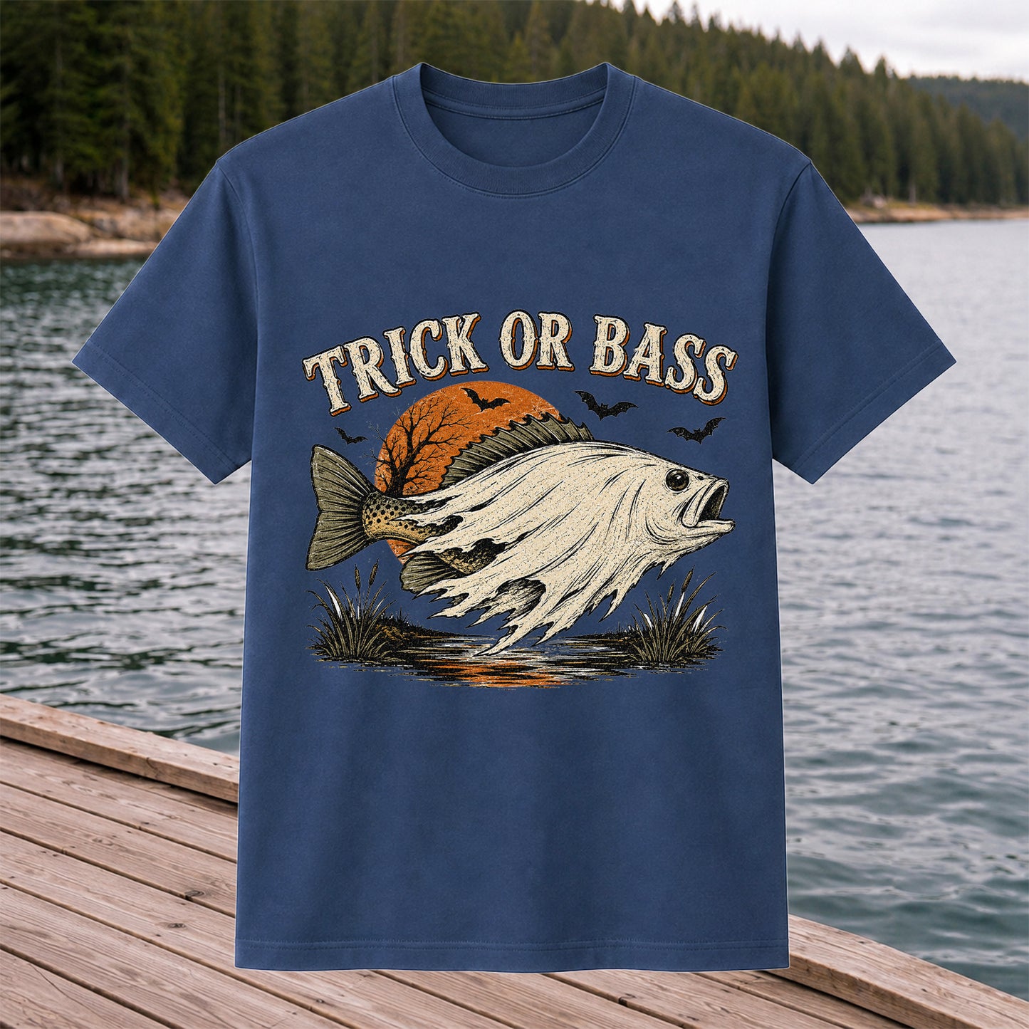 Trick or Bass Halloween Fishing T-Shirt, Vintage Trout Angler Tee