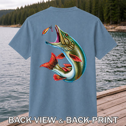 Northern Pike Chasing Fishing Lure Graphic T-Shirt | Back Print