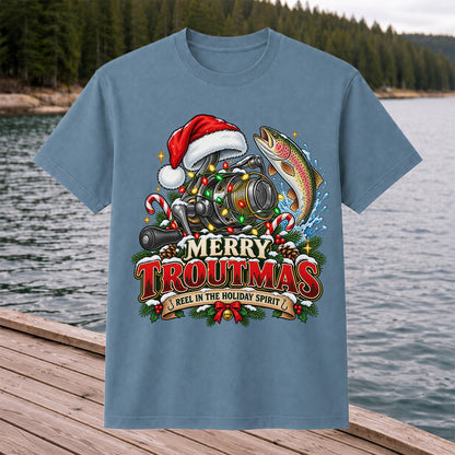 Merry Troutmas Reel in the Holiday Spirit Rainbow Trout and Fishing Reel T-Shirt
