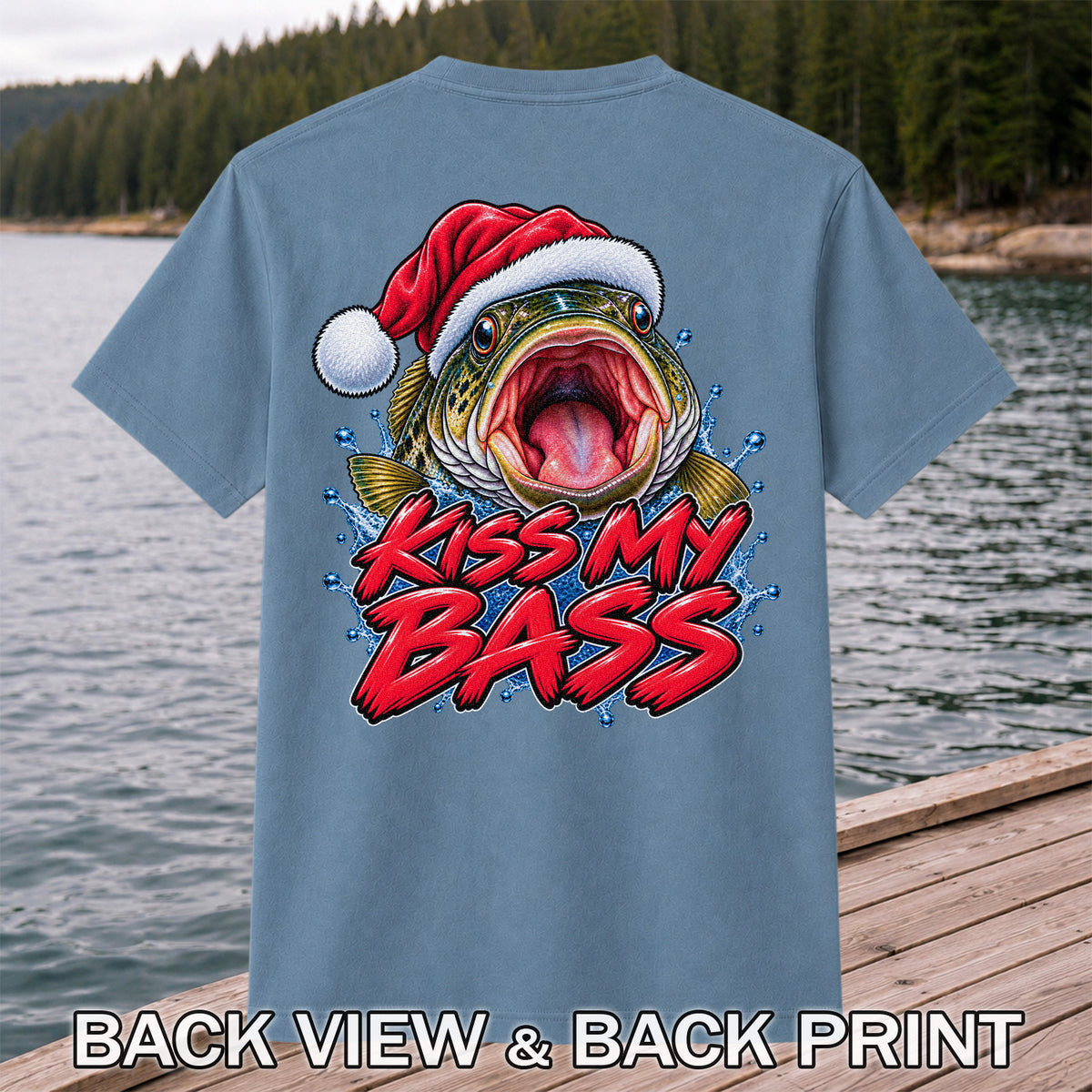 Kiss My Bass Santa Hat Funny Christmas Fishing T-Shirt | Back Print