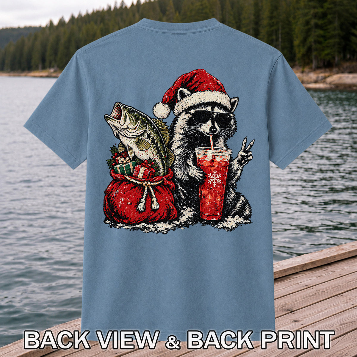 Santa Raccoon Sharing a Bass Christmas Fishing Graphic T-Shirt | Back Print