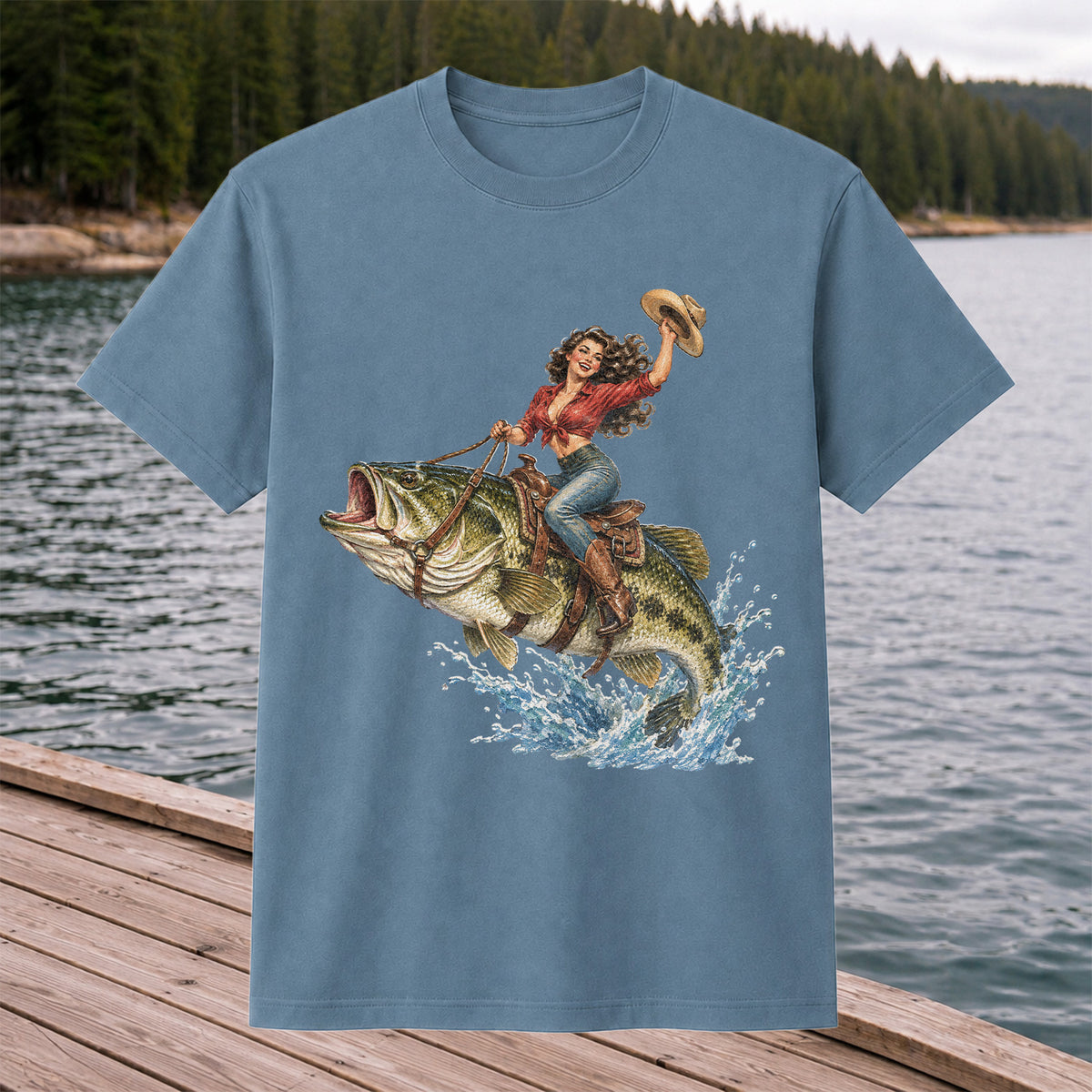 Vintage Cowgirl Riding a Largemouth Bass Fishing Graphic T-Shirt