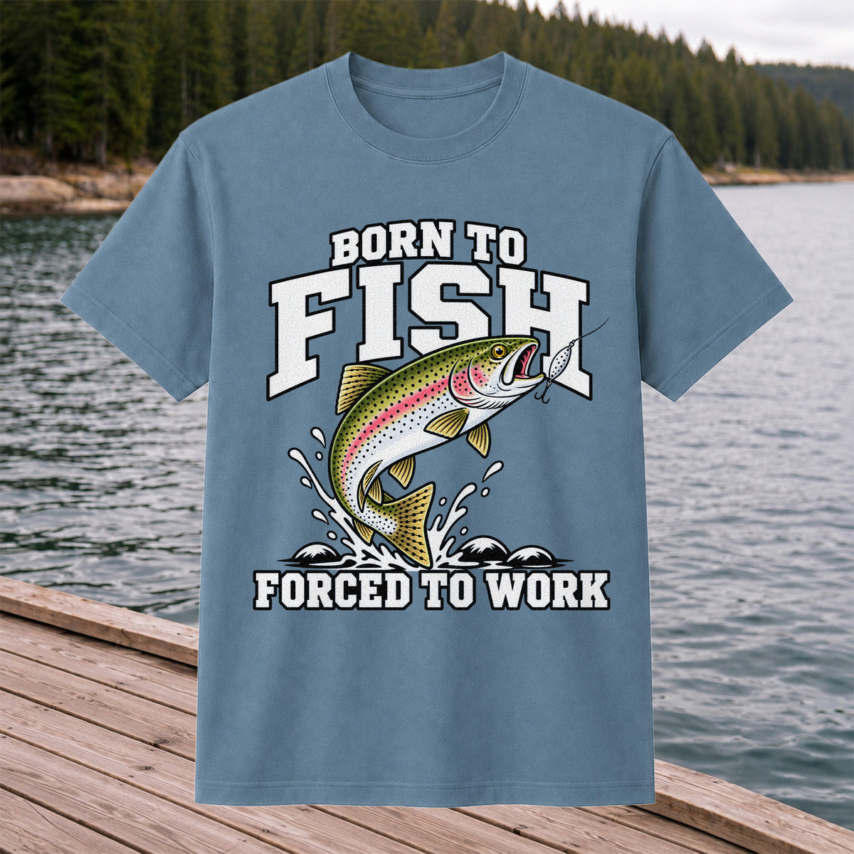 Born to Fish Forced to Work Rainbow Trout Fishing T-Shirt