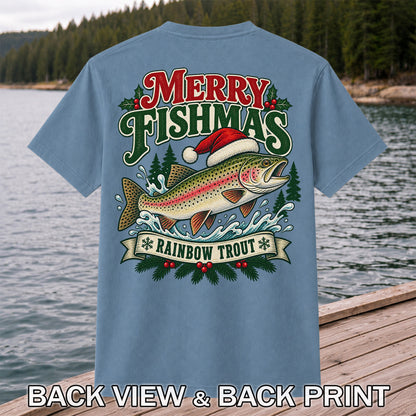 Merry Fishmas Rainbow Trout in Santa Hat Christmas Fishing T-Shirt | Back Print