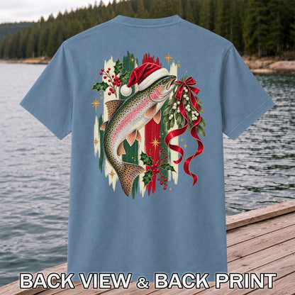 Christmas Santa Hat Rainbow Trout Fishing Graphic T-Shirt | Back Print