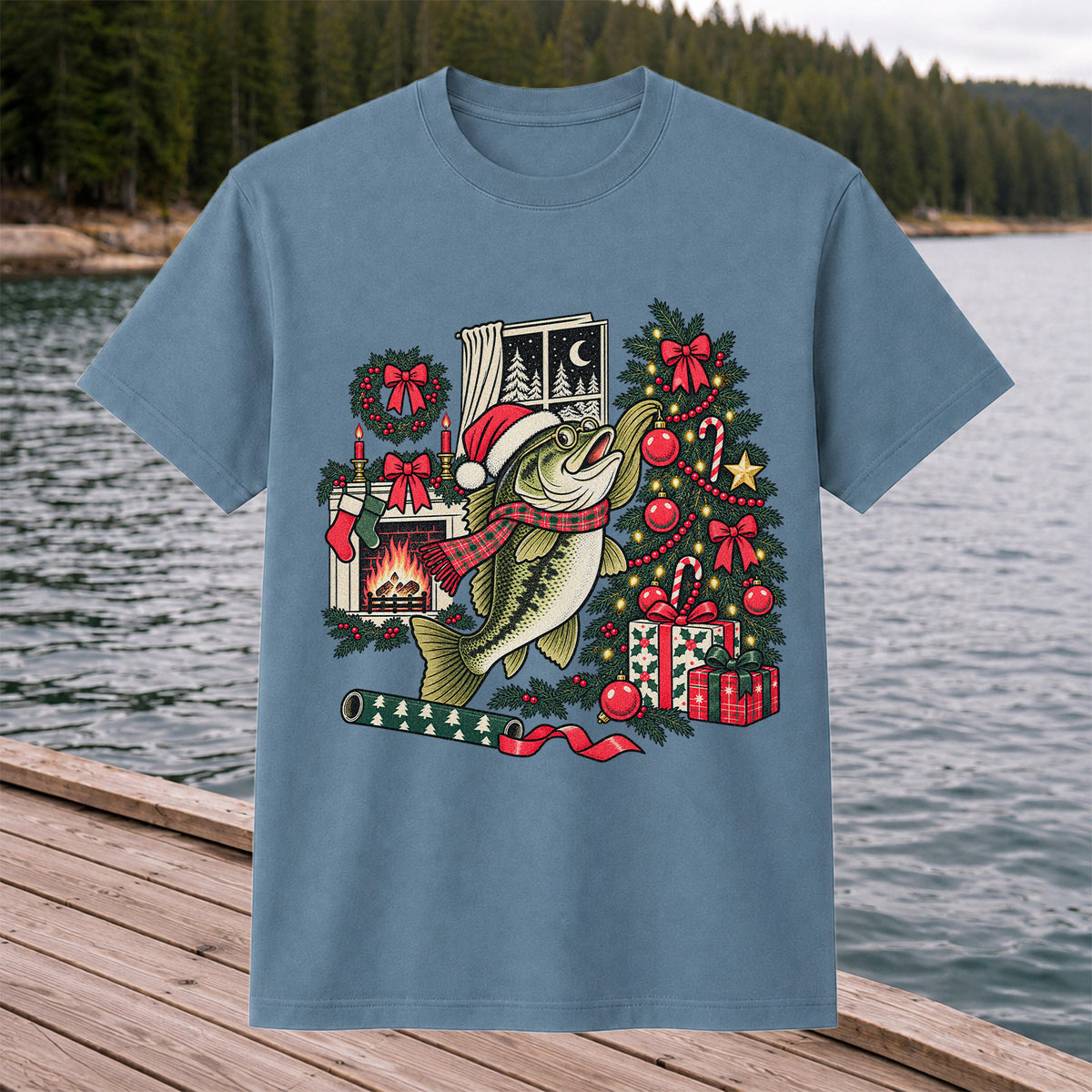 Christmas Bass Fishing Fireplace Tree Graphic T-Shirt