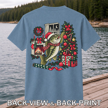 Christmas Bass Fishing Fireplace Tree Graphic T-Shirt | Back Print