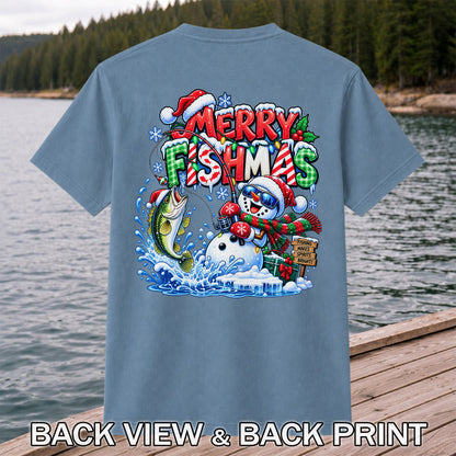 Merry Fishmas Christmas Fishing Graphic T-Shirt | Back Print