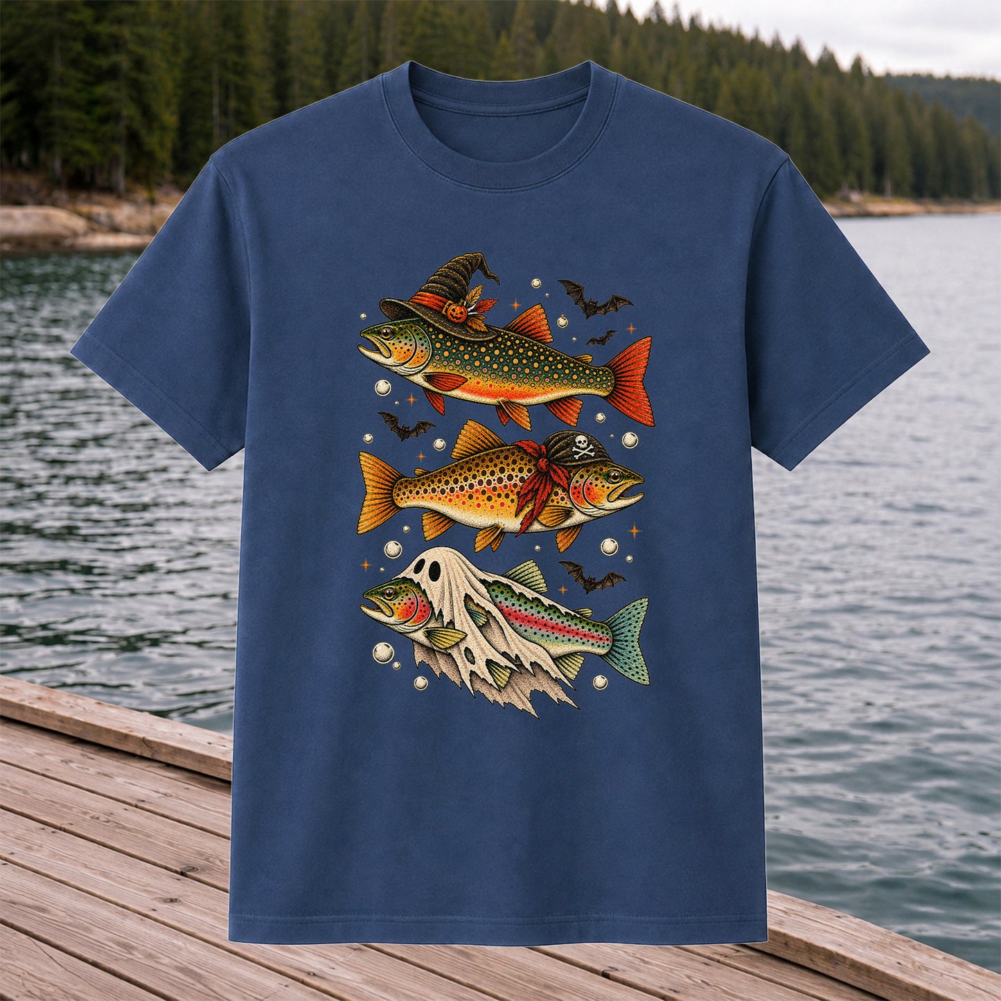 Halloween Trout Trio Witch Pirate and Ghost Fishing T-Shirt