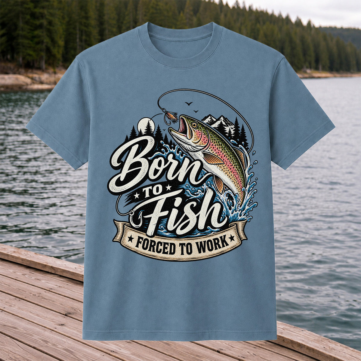 Born to Fish Forced to Work Jumping Rainbow Trout Fishing T-Shirt