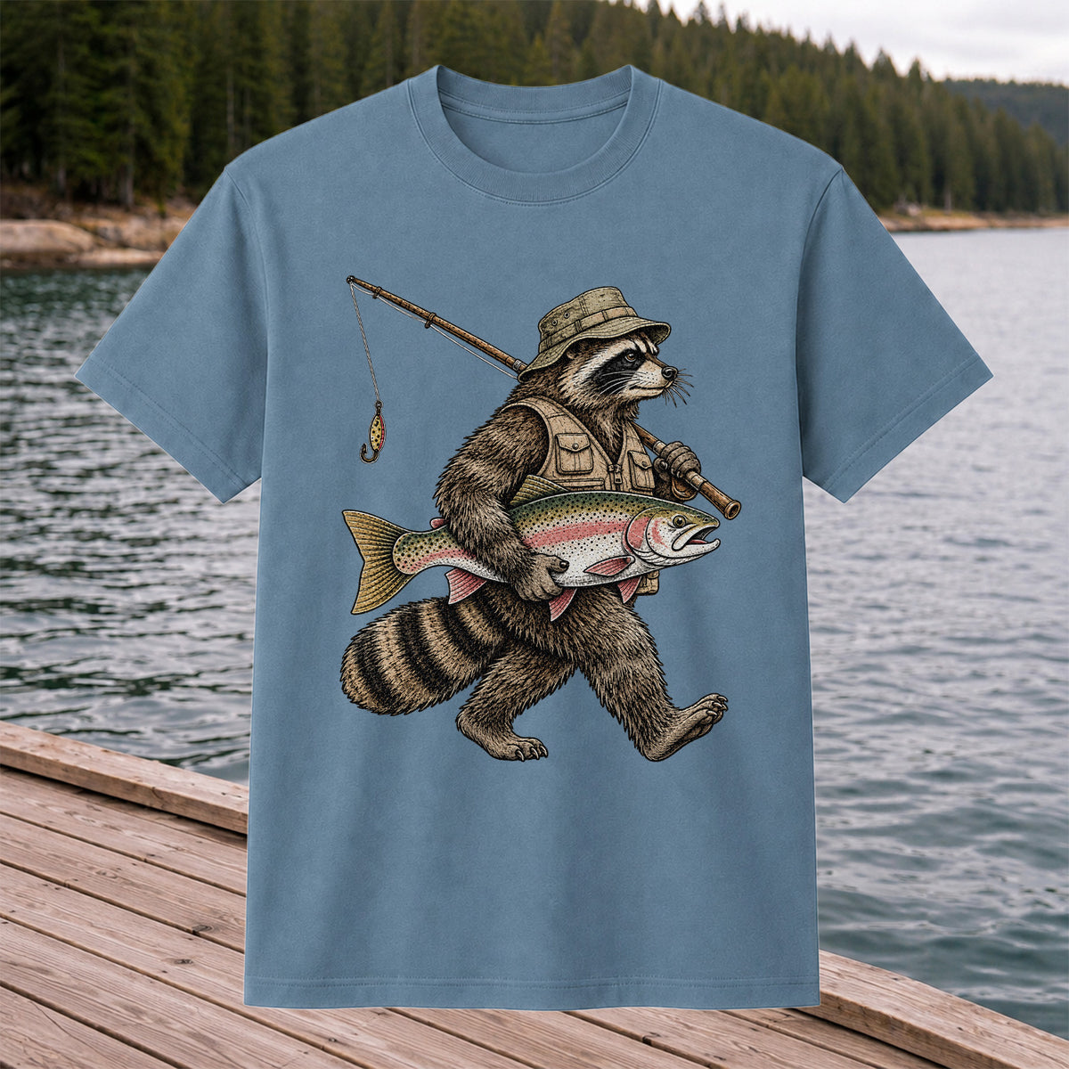Raccoon Angler Holding Rainbow Trout Fishing Graphic T-Shirt
