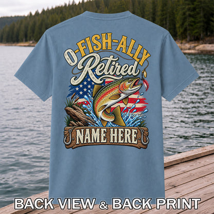Retired Rainbow Trout American Flag Fishing T-Shirt | Back Print