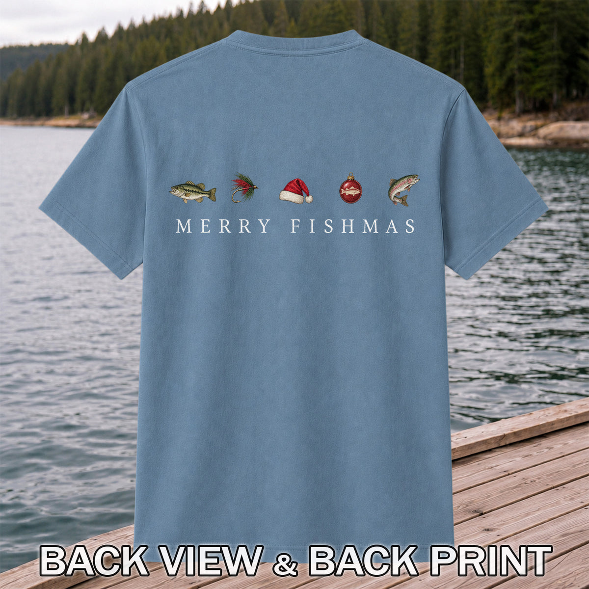 Christmas Fish Icons Fishing Graphic T-Shirt | Back Print