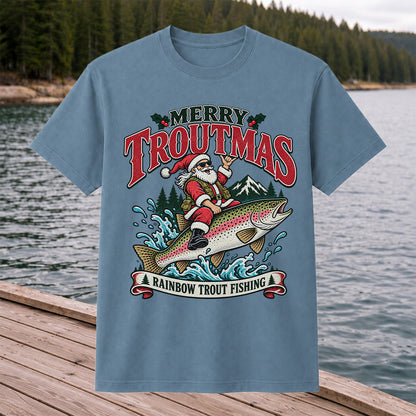 Merry Troutmas Santa Riding a Rainbow Trout Christmas Fishing T-Shirt