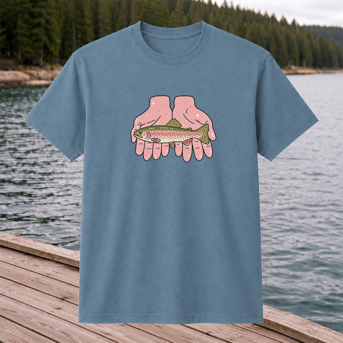 Rainbow Trout Held in Pink Hands Fishing Graphic T-Shirt