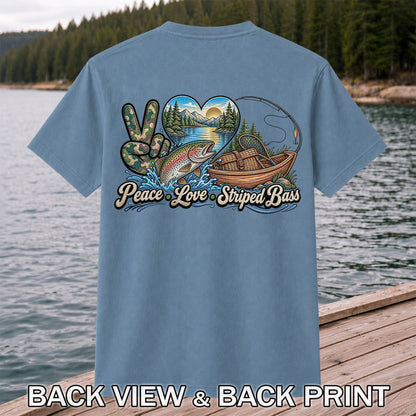 Peace Love Striped Bass Lake and Boat Fishing Graphic T-Shirt | Back Print