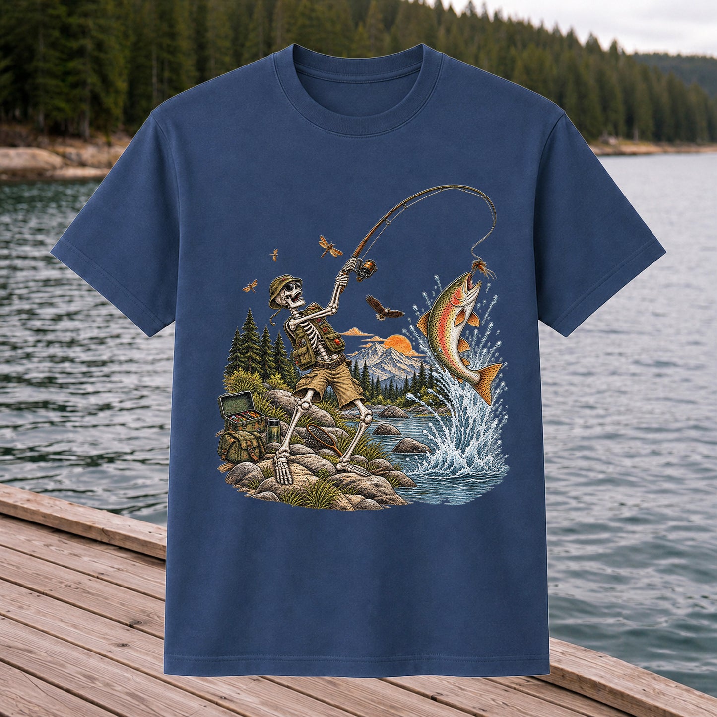 Skeleton Angler Catching Trout at a Mountain Lake Fishing T-Shirt