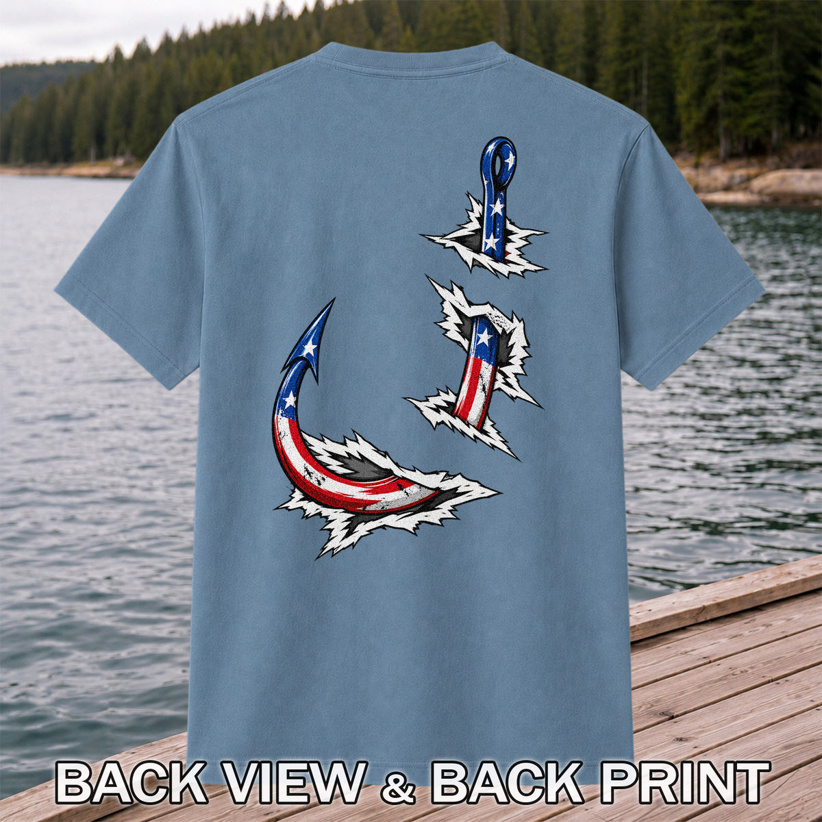 Patriotic American Flag Fishing Hooks Graphic T-Shirt | Back Print