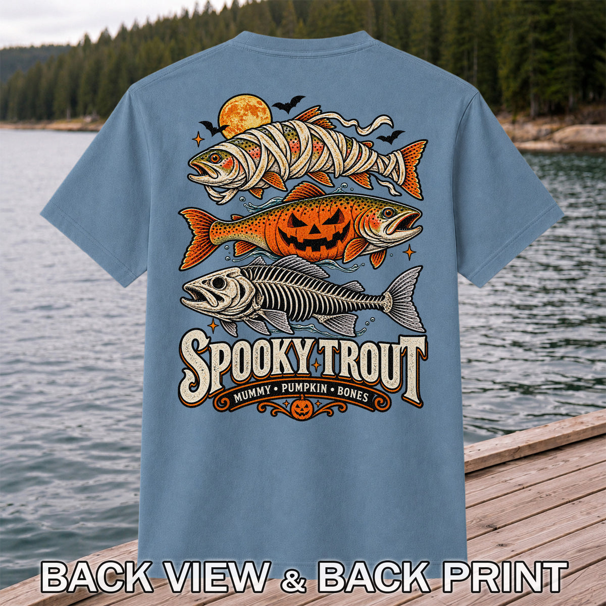 Spooky Trout Mummy Pumpkin Bones Halloween Fishing T-Shirt | Back Print