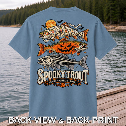 Spooky Trout Mummy Pumpkin Bones Halloween Fishing T-Shirt | Back Print