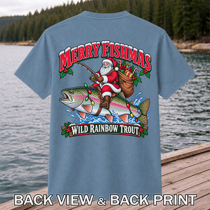 Merry Fishmas Santa Riding a Wild Rainbow Trout Christmas Fishing T-Shirt | Back Print