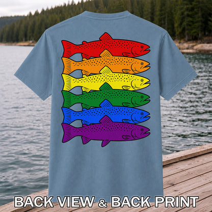 Rainbow Colored Trout Stack Fishing Graphic T-Shirt | Back Print